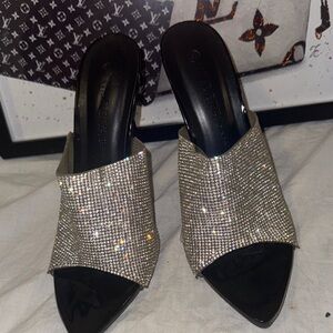Wild Diva Elegant Black and Silver Rhinestone Mules